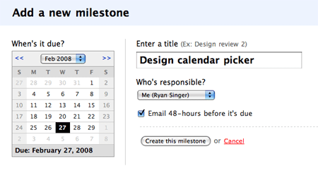 Basecamp's calendar picker on the New Milestone screen